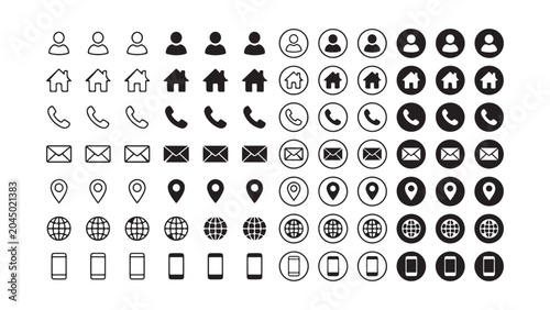 Cuadro en lienzo Comprehensive set of contact icons in multiple styles, featuring user, home, pho