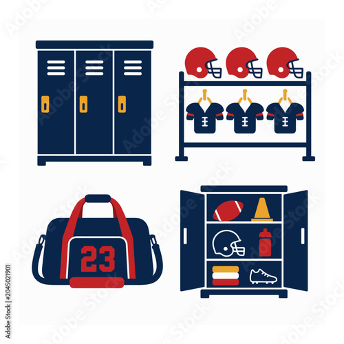 American Football Locker Room Gear and Equipment Vector Illustration