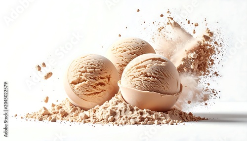 Creamy Vanilla Ice Cream Scoops Resting on Powdery Surface in Minimal Studio Setting