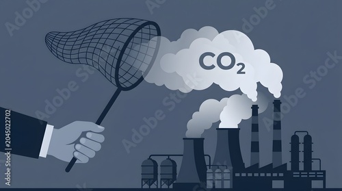Hand holding net catching CO2 carbon dioxide emissions from industrial factory smokestacks showing carbon capture technology pollution reduction climate change and greenhouse gas emission control