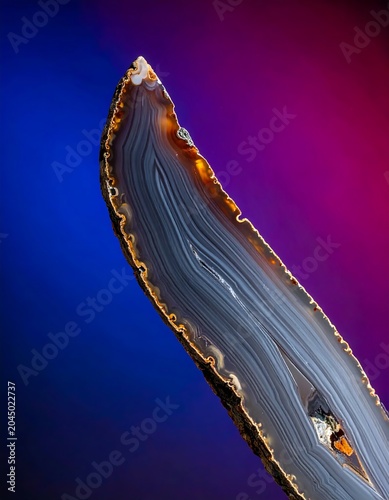 Polished Banded Agate Slice Displayed Against Vibrant Blue and Magenta Background