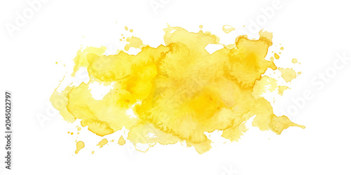 Yellow paint splash watercolor abstract art on white paper with grunge texture and splatter design