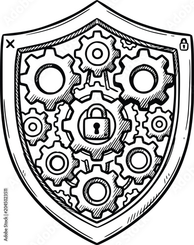 hand drawn security shield illustration with integrated gears and central lock concept of technical data protection vector artwork with black fill line art and no white fills