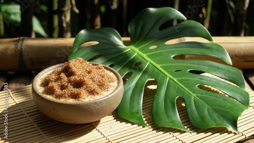 In a serene setting, a beautifully crafted bowl of brown sugar rests alongside vibrant tropical leaves, showcasing nature's bounty bathed in soft, warm light.