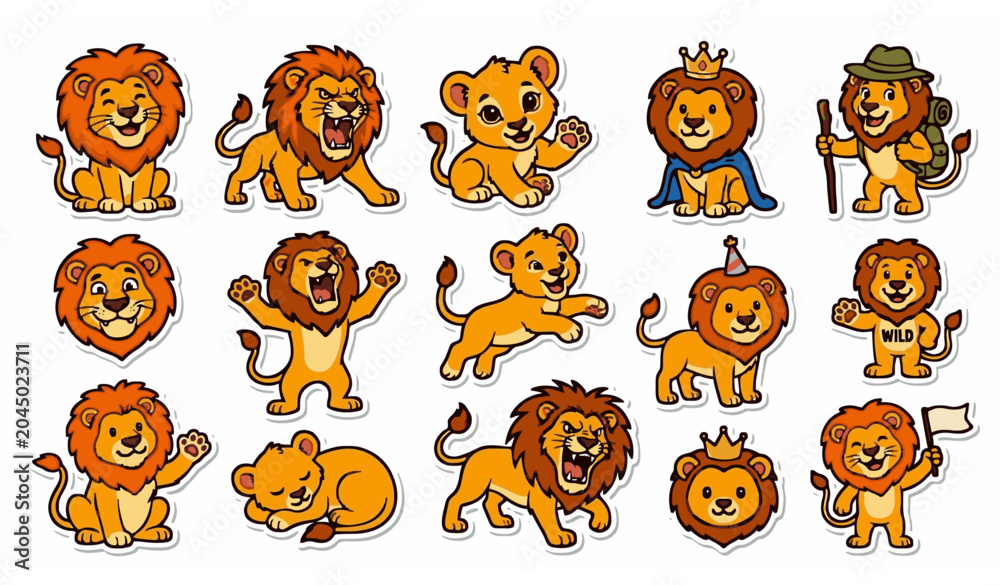 Fototapeta premium Cute Lion Vector Character Set with Cartoon Safari Animal Poses for Kids and Stickers