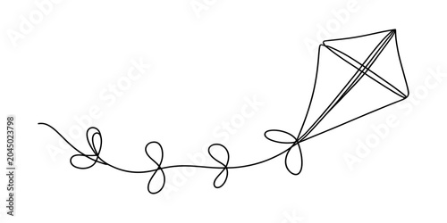 Minimalist continuous line drawing of a kite with flowing string, vector illustration