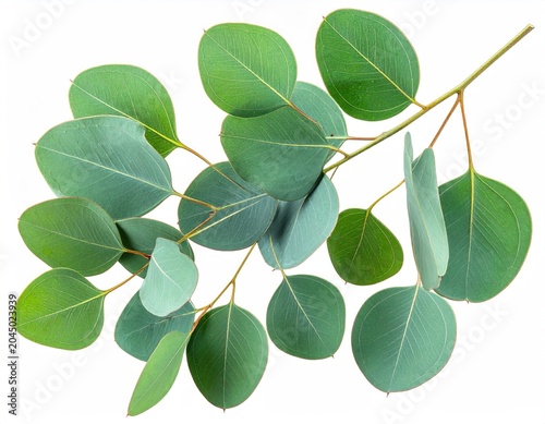 Delicate green eucalyptus branch with round, oval leaves against white