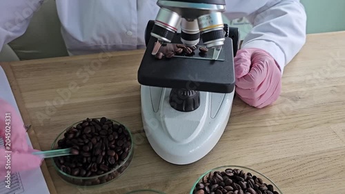 Coffee bean analysis process in a lab setting with various samples on a table