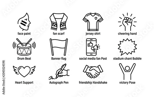 Fan culture and support. Line outline icon set of Fan culture and support: face paint, fan scarf, jersey shirt, cheering hand, drum beat, banner flag, social media fan post, stadium chant bubble,