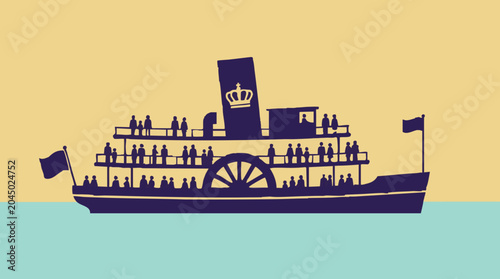 Photos Stylized Paddle Steamer with Passengers in a Minimalist Graphic Illustration