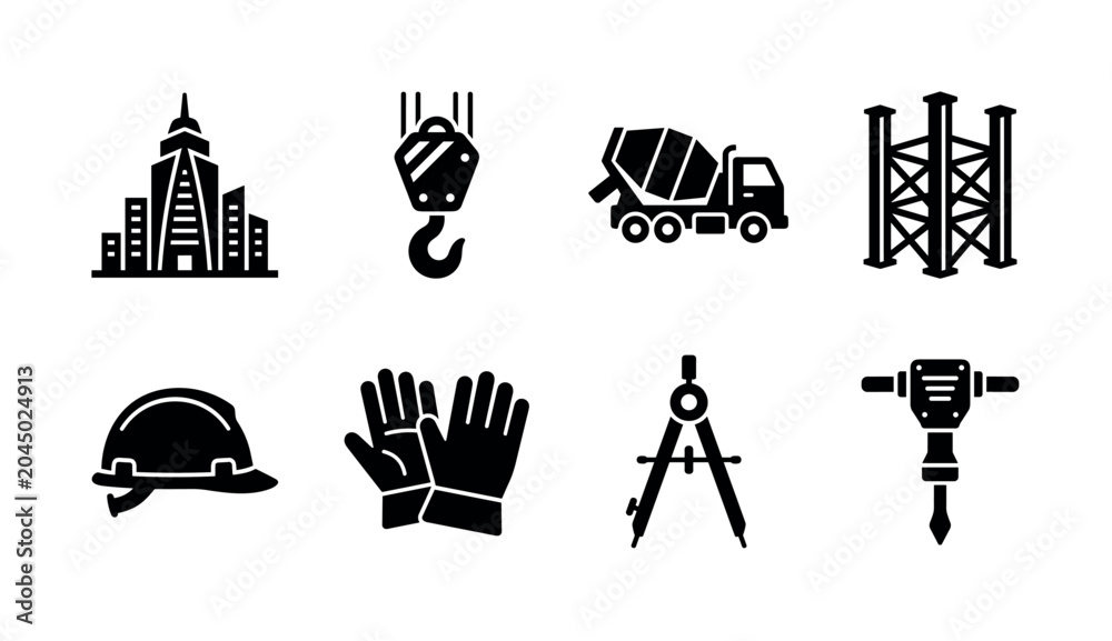 Naklejka premium Urban Tower Development. Filled icon set of Urban Tower Development: city skyscraper, crane hook, concrete truck, steel structure, site helmet, construction gloves, drafting compass, jackhammer. Solid