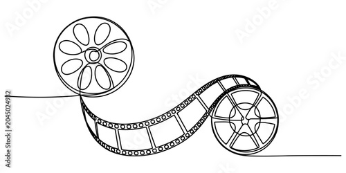 Continuous one-line drawing of film reel and tape, vector illustration
