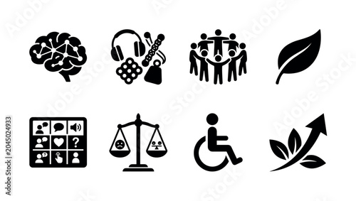 Neuroinclusive Community. Filled icon set of Neuroinclusive Community: brain connection, sensory tools, supportive people, calming leaf, communication board, emotional balance scale, accessibility