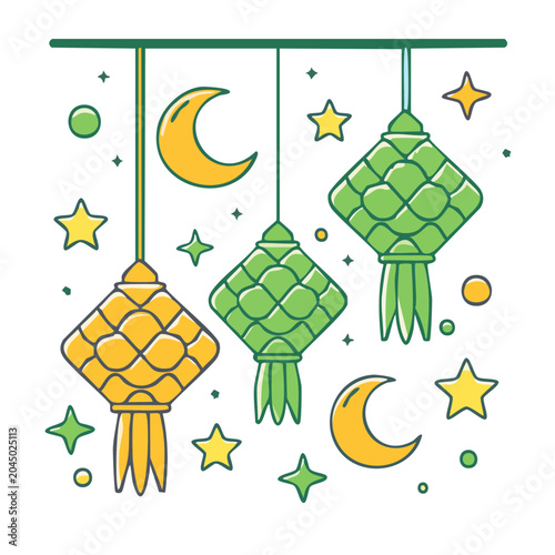Traditional ketupat lanterns with moon and stars