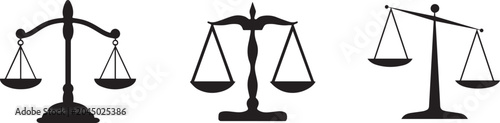 Fotografie Collection of three black silhouette icons of scales of justice representing leg
