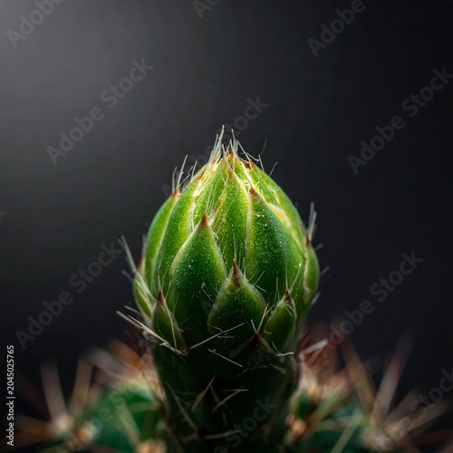 Detailed Green Cactus Bud Emerging in Dramatic Dark Studio Background