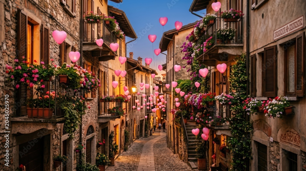 Fototapeta premium Narrow cobblestone alley lined with stone buildings, hanging heart balloons, and flower-filled balconies, creating a romantic evening festival ambiance in a quaint village.