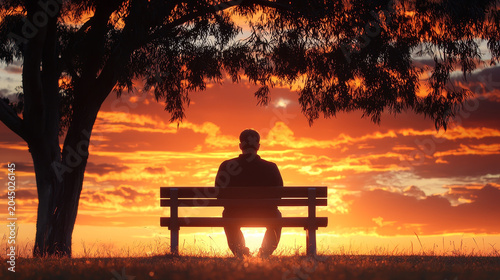 Solitary person sitting on concrete bench under tree watching vibrant sunset sky peaceful mood outdoor park silhouette nature relaxation evening light