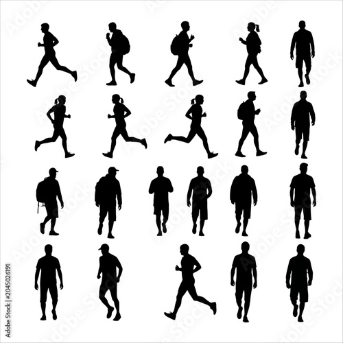 Collection of black silhouettes of men running in different positions