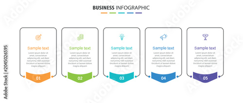 Business infographic design template with 5 options, steps or processes. Can be used for workflow layout, diagram, annual report, web design