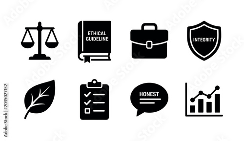 Business Accountability. Filled icon set of business accountability: audit clipboard, public disclosure graph, governance structure, financial transparency report, leadership team, social