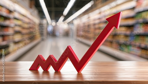 Red arrow graph showing upward trend on wooden table in a grocery store