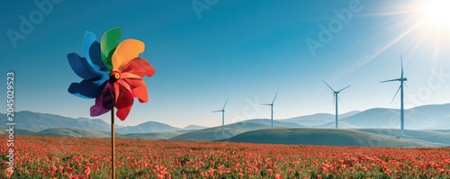 A rainbow pinwheel stands in a field of red flowers with distant wind turbines