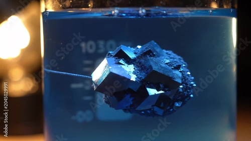A stunning view of a crystal-like object gracefully floating in deep blue liquid, surrounded by soft illumination that highlights intricate patterns and creates a serene atmosphere.