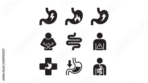 Set of stomach and digestive system icons, illustrating various conditions like pain, heartburn, and general digestive health