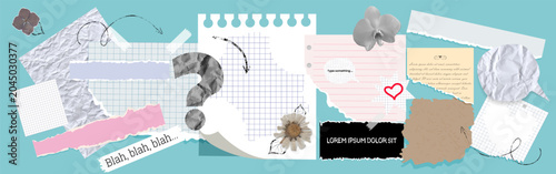 Photos Scrapbook funky collage composition featuring torn paper pieces, crumpled paper