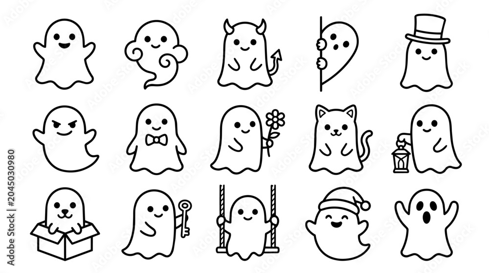 Fototapeta premium Sweet cartoon ghosts in various poses and moods