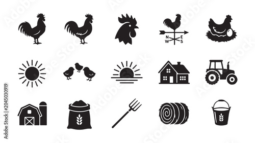 Foto Farm and agriculture icons set, including rooster, sun, chicks, farmhouse, tract