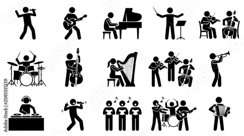 Musical performers stick figure icon set