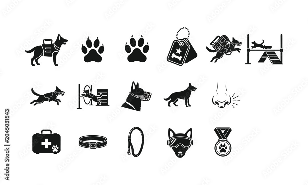 Obraz premium Silhouette of dog training and equipment icons in black on white background