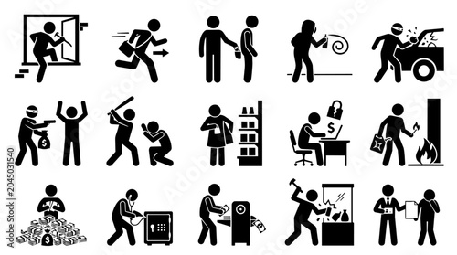 Set of icons depicting crime and illegal activities
