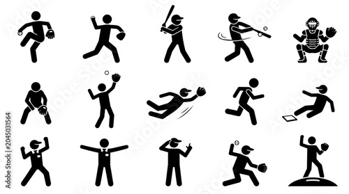 Baseball players in action pictogram set