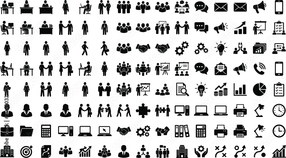 Obraz premium Business and office management glyph icons mega set containing people silhouette communication teamwork finance marketing and corporate signs isolated on white background