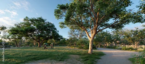 Panel kuchenny z motywem Arborists assessing mature trees in a landscaped garden on a sunny day