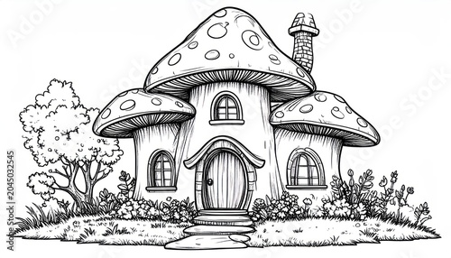 Detailed fairy tale mushroom home sketch with background trees.