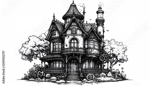 Detailed gothic fantasy house outline for coloring activities.