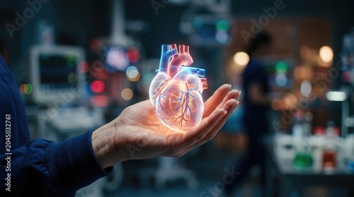 Human heart hologram in hand with hospital background