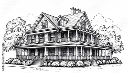 Detailed hand-drawn sketch of a colonial two-story house.