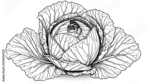 Detailed hand drawn whole cabbage head illustration.