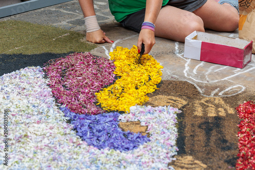 la Orotava, Tenerife, Spain - June 19, 2025. Preparing for the Corpus Christi celebration. Famous religious event and competition of folk art.