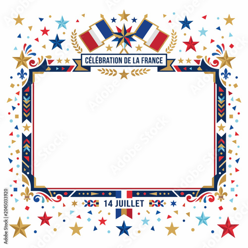 Festive French national celebration border in patriotic red, white, and blue colors, adorned with stars, confetti, and traditional symbols for events