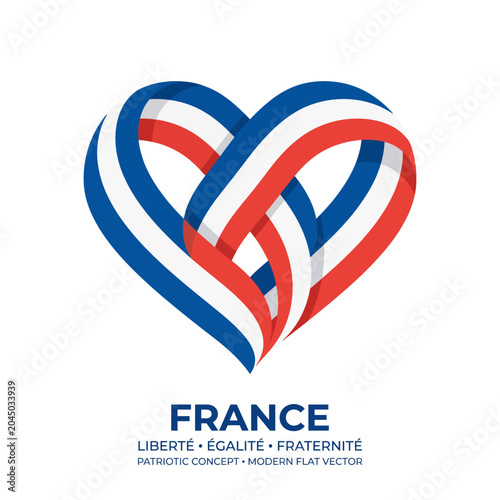 Heart-shaped French flag illustration symbolising love and pride for France, with the motto 'Liberté, Égalité, Fraternité' and the word 'France' prominently displayed in a patriotic concept design