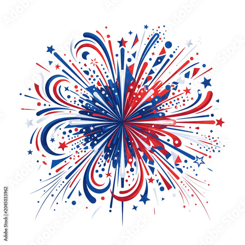 Vibrant patriotic fireworks display illustration, bursting with red, white, and blue starbursts and festive streamers, symbolizing national pride and celebration