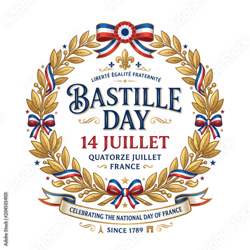 French National Day celebration graphic featuring a patriotic laurel wreath, tricolor ribbons, and text symbolizing liberty, equality, and fraternity