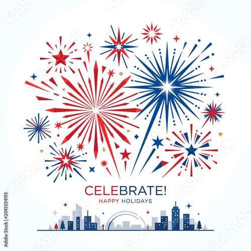 Vibrant city skyline illuminated by dazzling red and blue fireworks, a perfect graphic illustration for festive holiday celebrations and joyful event greetings