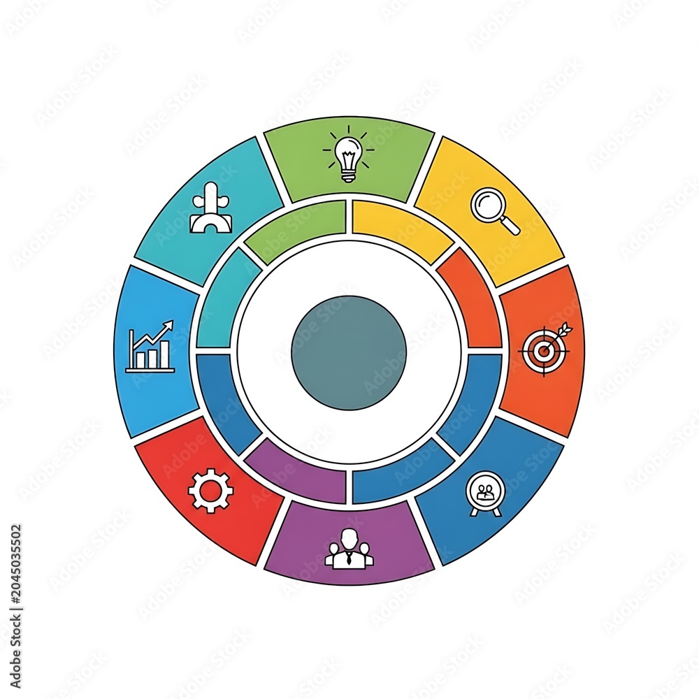 Naklejka premium Colorful circular infographic with diverse business icons and symbols.